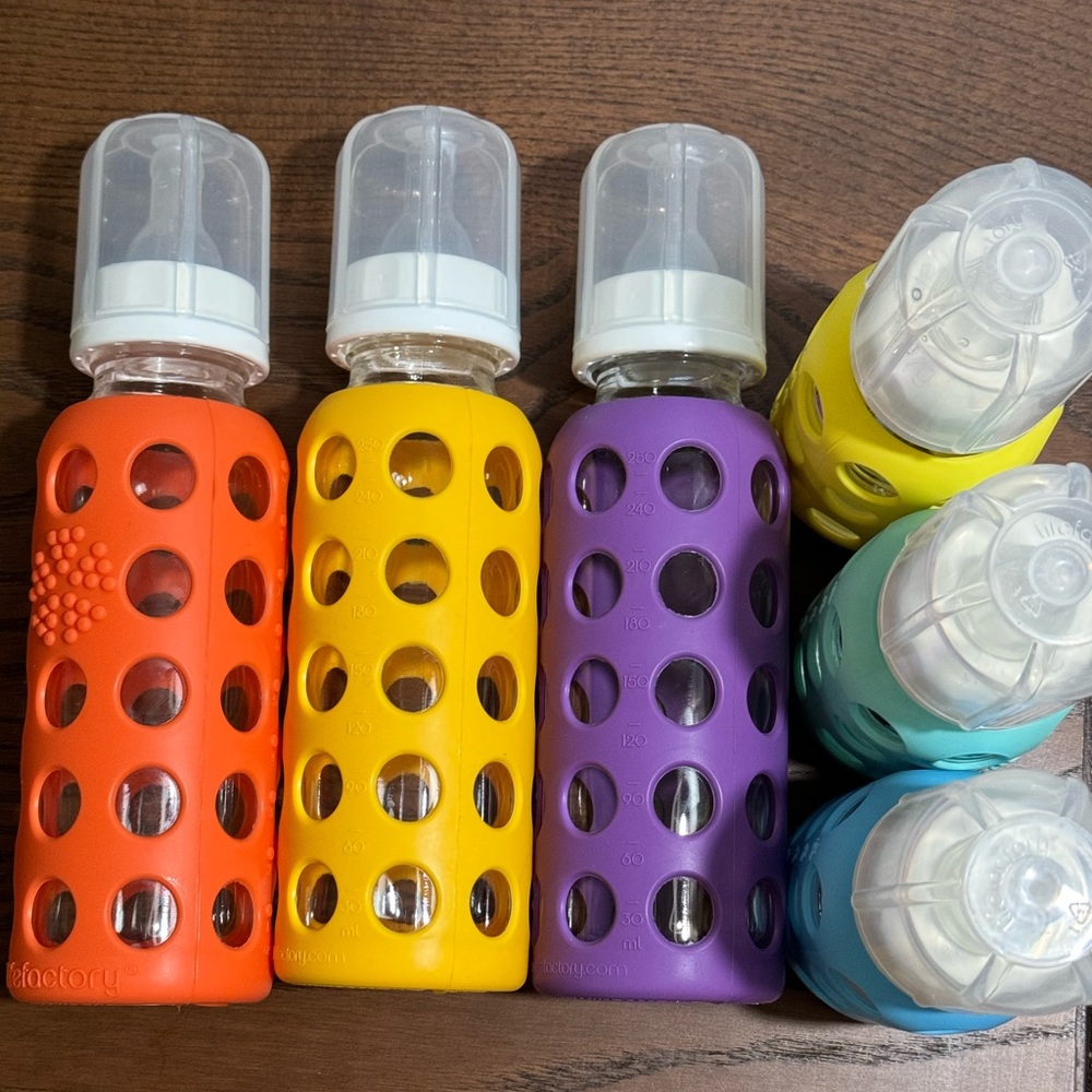 6 Lifefactory glass bottles. 3 9oz and 3 6oz.
